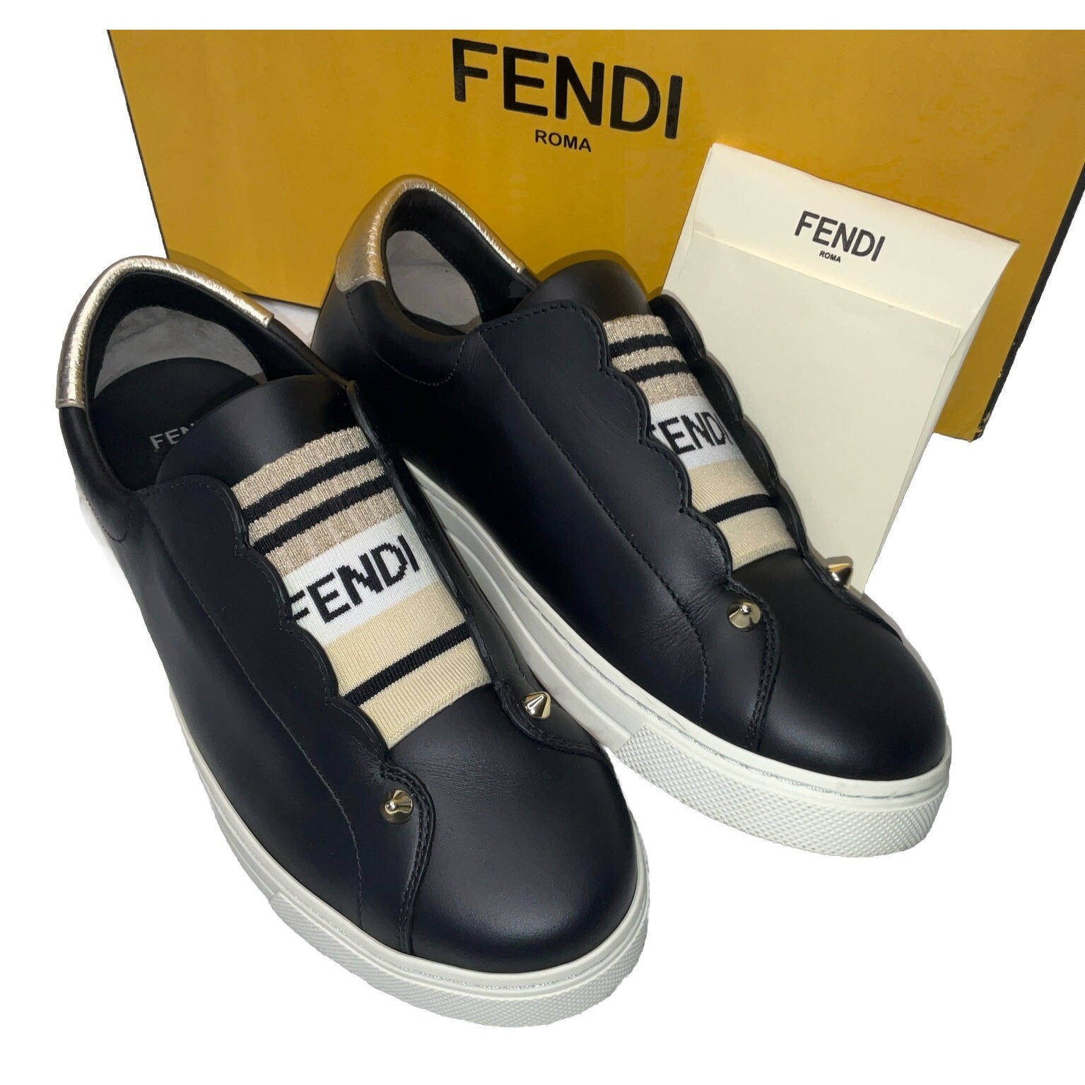 Fendi Rockoko Sneakers Women Sz 6.5 Slip On Scallop Beige/White/Black Gold